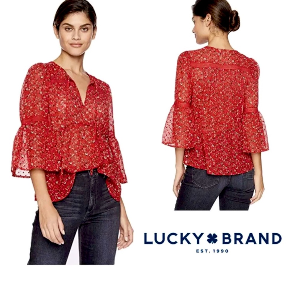 Lucky Brand Floral Peasant Blouse with Lace Detail